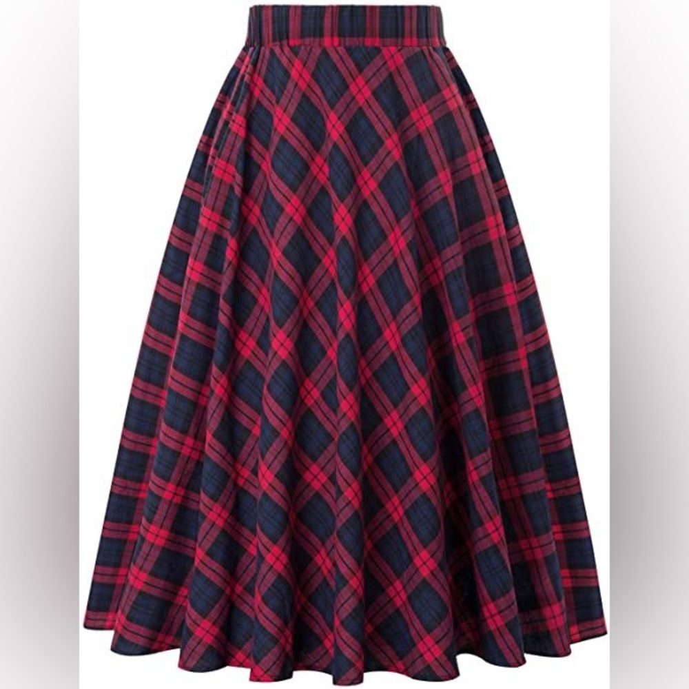 Plaid Midi Skirt - Red and Blue